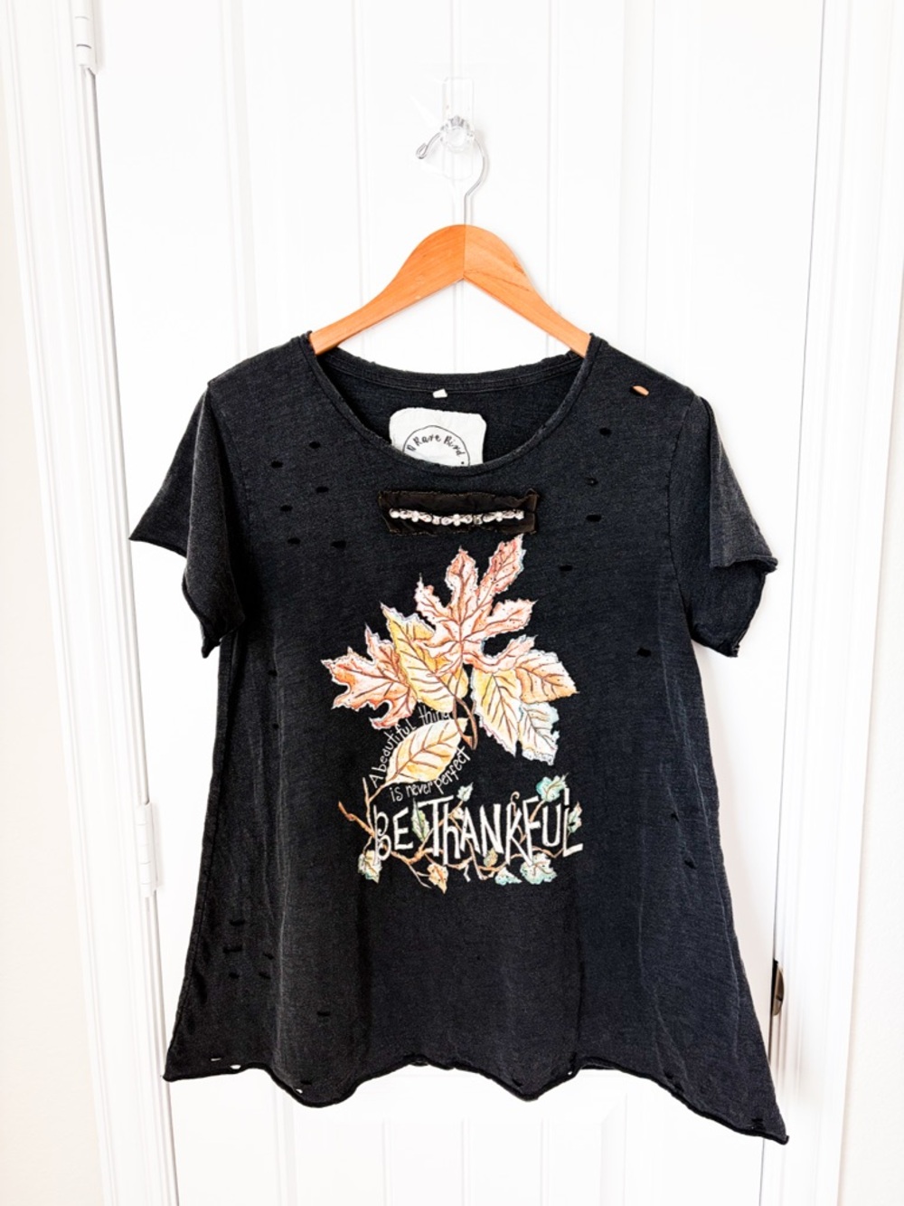 A Rare Bird 'Be Thankful' Distressed Tee Embellished Oversized S/M